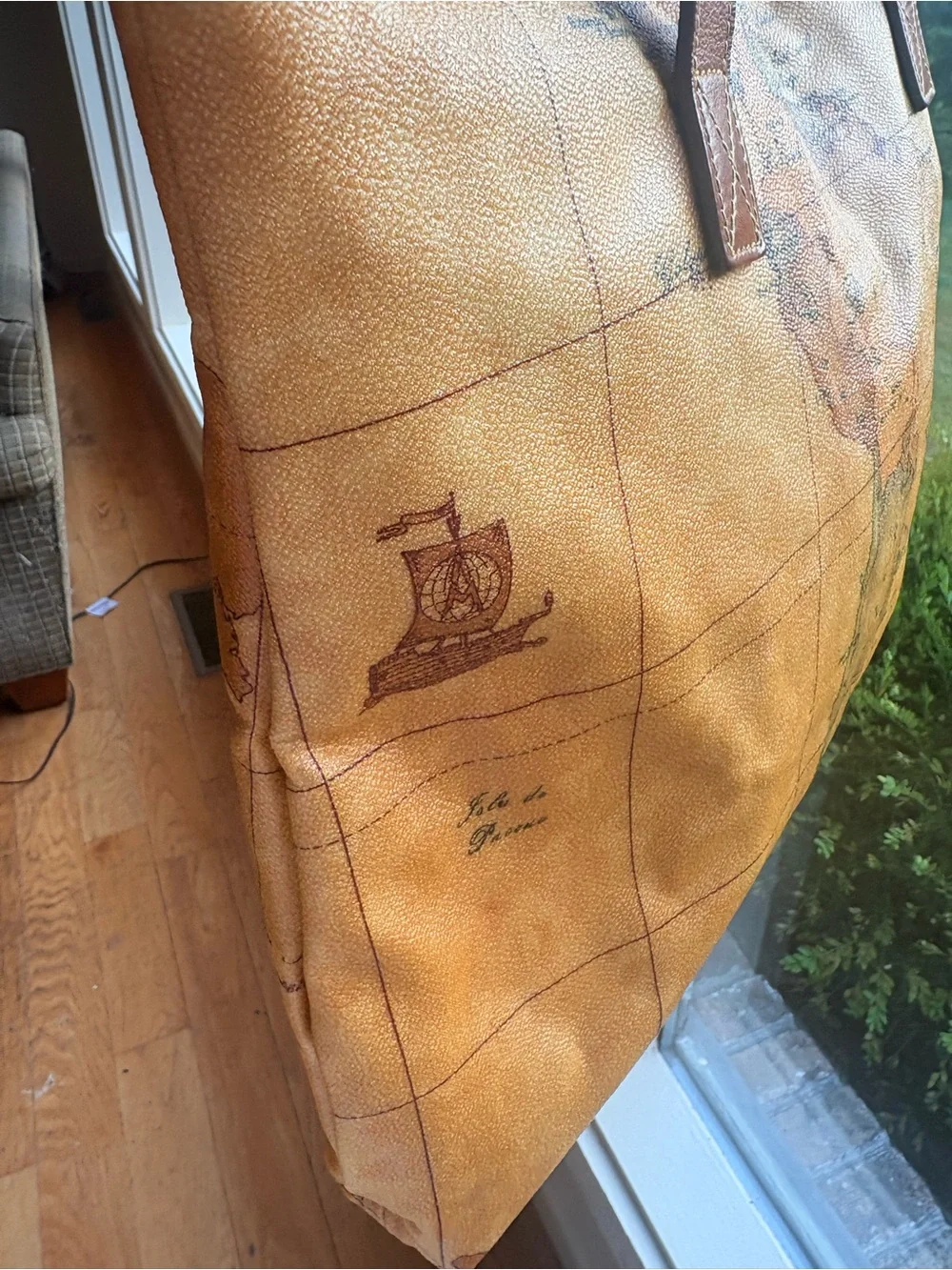 Alviero Martini World Map Tan Canvas and Leather Trim Shoulder Tote 19 x 12